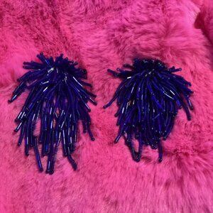 1960s Vintage Blue Mega Tube Beaded Tasseled Clip-on Earrings Rare